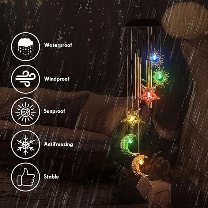 Colingmill Solar Wind Chimes for Outside Waterproof Hanging Wind Chimes Lights Outdoor Decor Yard Garden Gifts for Mother Mom Grandma Wife Neighbors (Sun Moon Star,Colored Lights)
