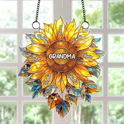 Personalized Grandma Mom Sunflower Acrylic Sun Catcher Gift for Mothers Day, Custom Grandkids Names Window Hanging Decor Ornament Gift for Mama Nana, Faux Stained Glass Ocean Decor
