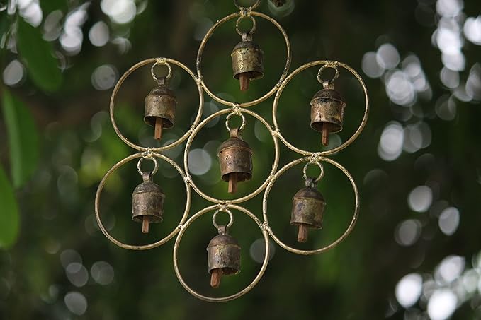 De Kulture Bell Metal Circular Ghantada Wind Chime Hanging Bells for Home Garden Balcony Decor Ideal for New Year Anniversary Birthday Party Decoration (Brown), 9X11.5 (DH) Inches