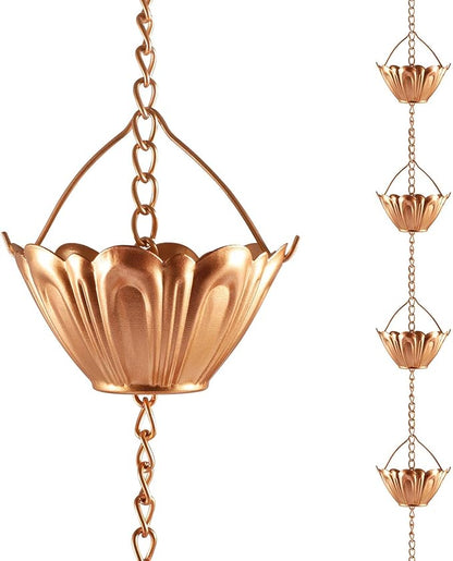 Vindar Rain Chain, 8.5 FT Rain Chain for Gutters - MG4773(Copper Colored) Rain Catcher for Downspout with Adapter, 10 Thick Iron Flower Cups Garden Decorative