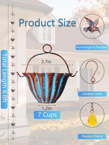 Rain Chains for Gutters, 8.8ft Rain Catcher Chain with 7 Metal Cups & Hummingbird Decor, Adjustable Downspout Replacement for Roof Drainage & Decorative Water Collection(Hummingbird Blue)