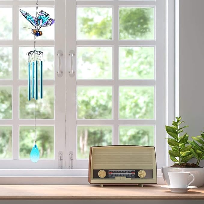 Butterfly Wind Chimes, AVEKI 27.5''H Iron Stained Glass Butterfly Wind Chimes Gifts for Mom Outdoor/Indoor Wind Chimes for Home, Garden, Window, Yard, Patio, Lawn Decoration (Blue)