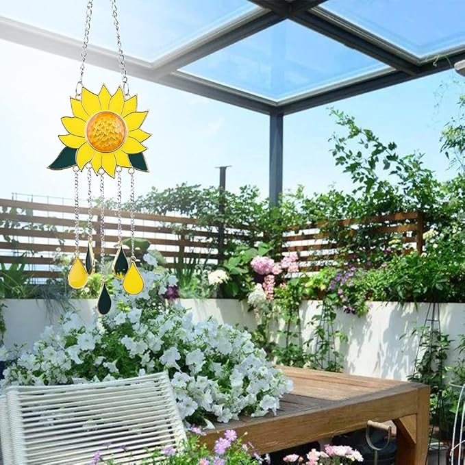 Sunflower Wind Chimes Ornaments, Small Beautiful Stained Glass Window Hanging Panel Decoration with Chain for Home Panel Patio Porch Garden Backyard Decor Gift(Size:30 x 8 cm)