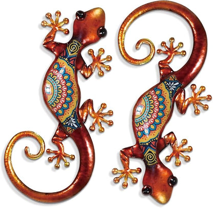LIFFY Lizard Metal Wall Art Decor - 2 Pack 15 Inch Metal Wall Decor, Lizard Outdoor Hanging Glass Sculpture Decoration for Yard Garden Art, Patio Fence Home, Unique Gift Ideas
