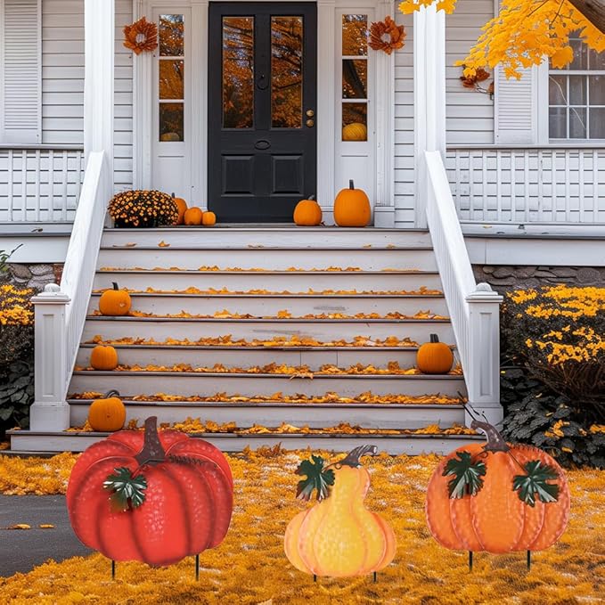 hogardeck Outdoor Fall Decorations for Home, 34" Decorative Garden Stakes with 3 Stacked Pumpkins for Fall Decor, Metal Yard Signs for Garden Home Lawn Patio Thanksgiving Decorations