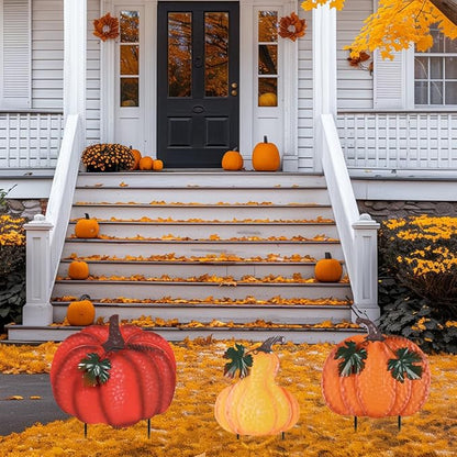 hogardeck Outdoor Fall Decorations for Home, 34" Decorative Garden Stakes with 3 Stacked Pumpkins for Fall Decor, Metal Yard Signs for Garden Home Lawn Patio Thanksgiving Decorations