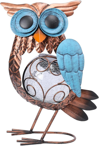 MUMTOP Solar Lights Outdoor Garden Owl Decor, Owl Solar Light Outdoor Waterproof with Crackle Glass Globe Gardening Statue Gifts and Metal Yard Art for Lawn Porch Patio Outside Garden