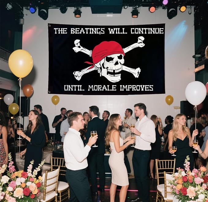 Pirtae Skull Flag 3X5Ft, Quote The Beatings Will Be Continue Until Morale Improves Flags, Double-Sided Printed, Funny Meme Flags, Men Women Banner, Fade Proof Vivid Color, Double Stitched with 2 Brass Grommets, Bar Garden Street Decoration, GYM, Office...