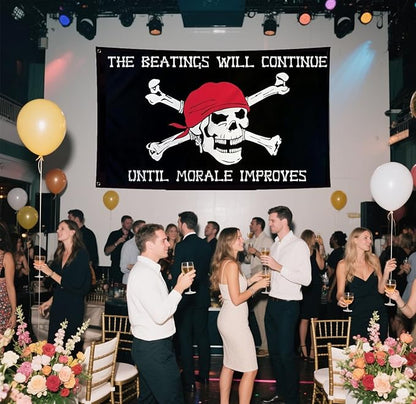Pirtae Skull Flag 3X5Ft, Quote The Beatings Will Be Continue Until Morale Improves Flags, Double-Sided Printed, Funny Meme Flags, Men Women Banner, Fade Proof Vivid Color, Double Stitched with 2 Brass Grommets, Bar Garden Street Decoration, GYM, Office...
