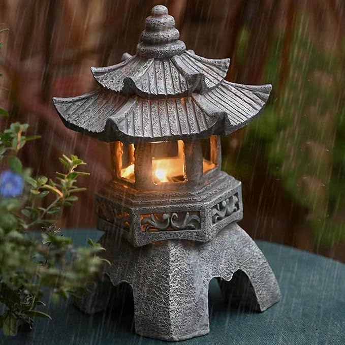 Naisicore Solar Pagoda Statues, 10.2inch Resin Japanese Pagoda Sculpture with Solar Lantern, Zen Garden Waterproof Landscape Decorative Ornament for Patio Porch Yard Art Decor (Style 1)