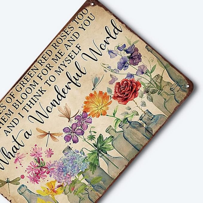 YOYI ART Dragonfly and Flowers Metal Tin Sign, What a Wonderful World I See Trees of Green Red Roses Too, Funny Garden Signs Wall Decor, Retro Tin Sign Flowers Poster Metal Garden Signs, 12 x 8 inch