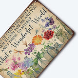 YOYI ART Dragonfly and Flowers Metal Tin Sign, What a Wonderful World I See Trees of Green Red Roses Too, Funny Garden Signs Wall Decor, Retro Tin Sign Flowers Poster Metal Garden Signs, 12 x 8 inch