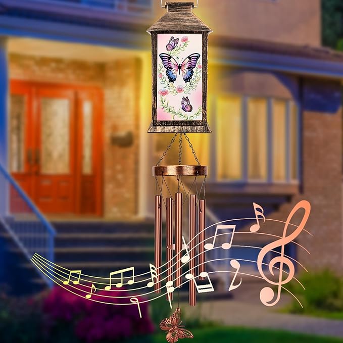 YHmall Wind Chimes for Outside, 37" Hanging Solar Windchimes Outdoors Memorial Butterfly Gifts for Women Mom Grandma, Solar Lanterns Wind Chimes for Home Patio Yard Garden Decor