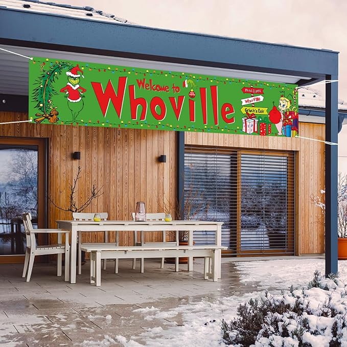 Nepnuser Christmas Fence Banner Green Christmas Winter Holiday Birthday Party Decoration Xmas Large Home Garden Outdoor Yard Hanging Sign-1.6 * 8.2ft