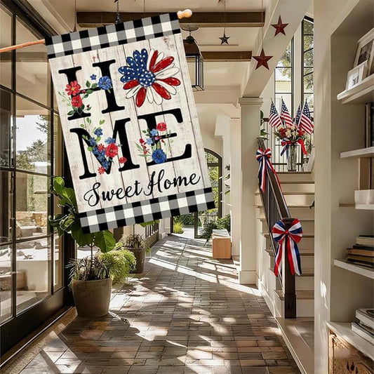 ORTIGIA Memorial Day Patrioctic House Flag Burlap Vertical Double Sided 4th of July Independence Day Home Sweet Home Large House Flag Yard Outside Outdoor Decor 28x40 Inch