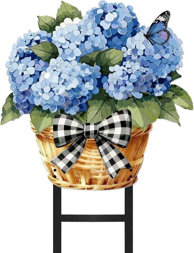1 Pcs Spring Metal Hydrangea Garden Stakes Decor 22 Inch Decorative Purple Hydrangea Yard Stake Outdoor Floral Decor Metal Garden Art Ornaments for Patio Porch Lawn Backyard
