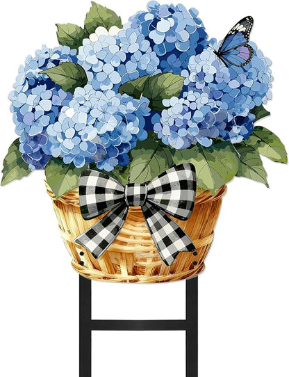 1 Pcs Spring Metal Hydrangea Garden Stakes Decor 22 Inch Decorative Purple Hydrangea Yard Stake Outdoor Floral Decor Metal Garden Art Ornaments for Patio Porch Lawn Backyard