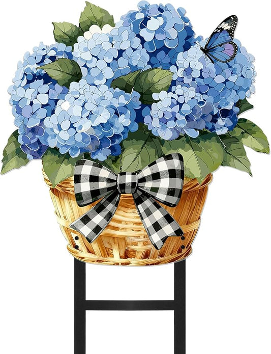 1 Pcs Spring Metal Hydrangea Garden Stakes Decor 22 Inch Decorative Purple Hydrangea Yard Stake Outdoor Floral Decor Metal Garden Art Ornaments for Patio Porch Lawn Backyard