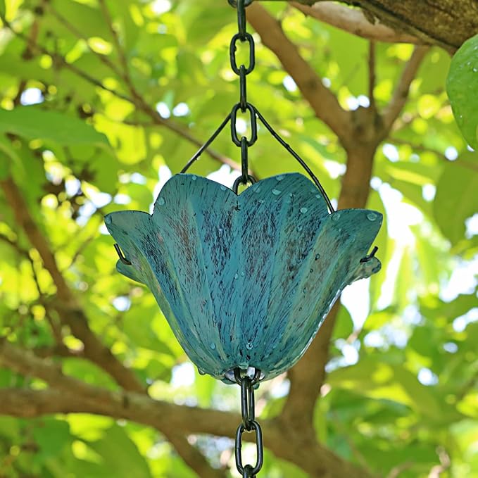 Rain Chains for Gutters Outside 8.5FT Rain Catcher Chain with 12 Blue Tulip Cups Decorative Replacement for Downspout