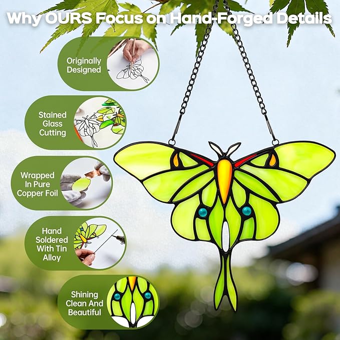 Luna Moth Sun Catcher Stained Glass Window Hanging for Mother's Day, IDEA SHOW 7.3Inch Handmade Real Glass Suncatcher Ornaments, Elegant Green Butterfly Memorial Gifts for Women, Mom, Grandma