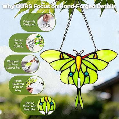 Luna Moth Sun Catcher Stained Glass Window Hanging for Mother's Day, IDEA SHOW 7.3Inch Handmade Real Glass Suncatcher Ornaments, Elegant Green Butterfly Memorial Gifts for Women, Mom, Grandma