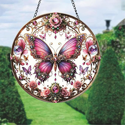 Butterfly Stained Window Hangings with Chain – Pink Floral Acrylic Ornament for Garden, Patio and Indoor Decor, Housewarming Gift for Mom, Grandma