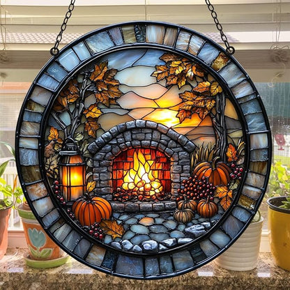 Cozy Autumn Fireplace Acrylic Suncatcher Stained Glass Effect Window Car Hanging Christmas Ornament Indoor Outdoor Decor Garden Sun Catcher Panel for Halloween Lover for Women Mom Grandma