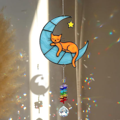 Orange Cat Suncatcher – Cute Orange Cats Hanging on Crescent Moon – Tabby Cat Gifts for Women, Home Window or Garden Decor