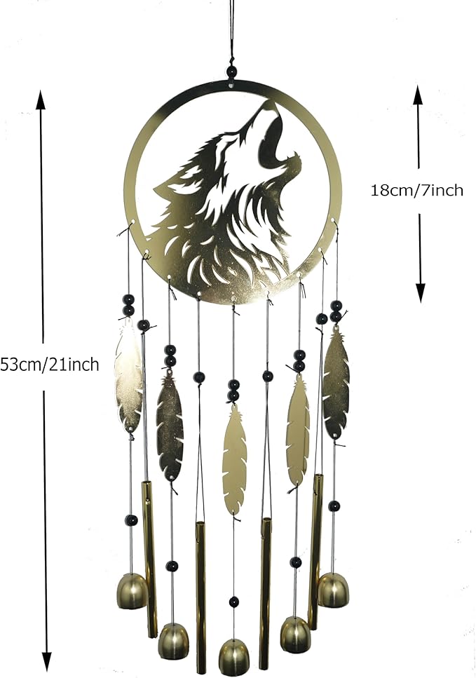 Wolf Dream Catcher Wind Chimes for Outside, Gold Metal Howling Wolf Windchimes with Bells & Feathers, Gift for Wolf Lovers Chimes Wolves(Golden Wolf)