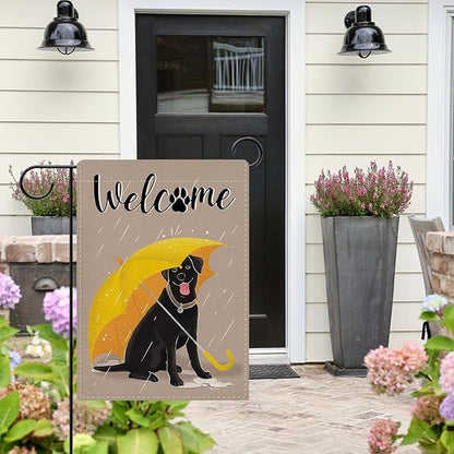 Dyrenson Welcome Black Labrador Dog Decorative Garden Flag, Yellow Umbrella Rainy Yard Outside Home Decoration Pet Lover Gift, Paw Print Seasonal Burlap Outdoor Small Decor Double Sided 12 x 18