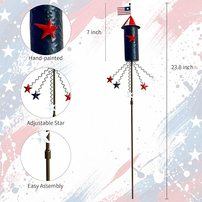 3 Pack Patriotic 4th of July Decorations Outdoor,23.6” Metal Americana Firework Decorative Garden Stakes for Independence Day Garden Decor, 3D Red White Blue Yard Signs for Lawn Porch