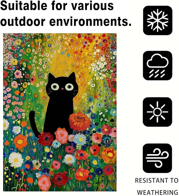 Spring Summer House Flag 28x40 Inch Double Sided Outside Black Cat Colorful Floral Flowers Seasonal Holiday Yard Porch Outdoor Decoration