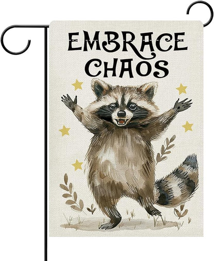 Dyrenson Funny Raccoon Decorative Garden Flag, Embrace Chaos Stars Yard Outside Home Decoration, Farmhouse Burlap Outdoor Small Decor Double Sided 12 x 18
