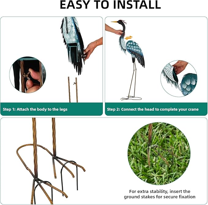 Extra-Large 45.3" Crane Decor, Handcrafted Metal Heron Lawn Sculptures with Stable U-Ground Stakes, Backyard Decoration, Metal Garden Bird Animal Yard Art, Lawn Ornament