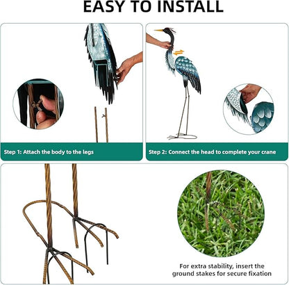 Extra-Large 45.3" Crane Decor, Handcrafted Metal Heron Lawn Sculptures with Stable U-Ground Stakes, Backyard Decoration, Metal Garden Bird Animal Yard Art, Lawn Ornament
