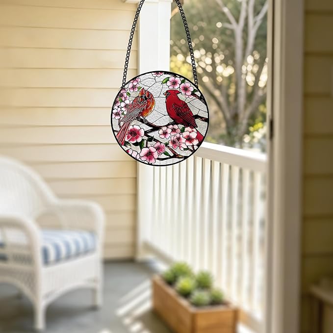 Stained Glass Window Hanging, Cardinal Sun Catchers Glass Panel Red Suncatcher Decor for Wife, Women, Men, Birthday, Aunt, Mom, Lovers, Home Garden 7.8 in