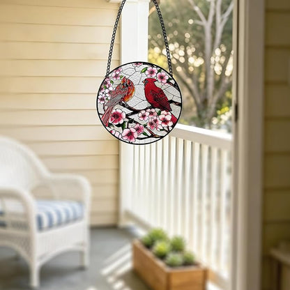 Stained Glass Window Hanging, Cardinal Sun Catchers Glass Panel Red Suncatcher Decor for Wife, Women, Men, Birthday, Aunt, Mom, Lovers, Home Garden 7.8 in