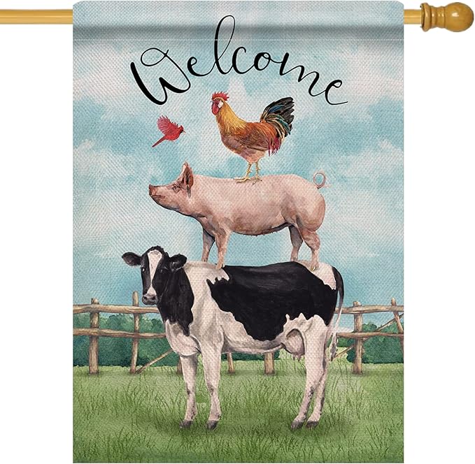 Dyrenson Welcome Summer Rooster Pig Cow Cardinal Farm Decorative House Flag, Country Yard Outside Decoration, Spring Farmhouse Outdoor Large Decor 28x40
