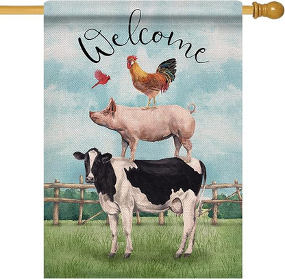 Dyrenson Welcome Summer Rooster Pig Cow Cardinal Farm Decorative House Flag, Country Yard Outside Decoration, Spring Farmhouse Outdoor Large Decor 28x40