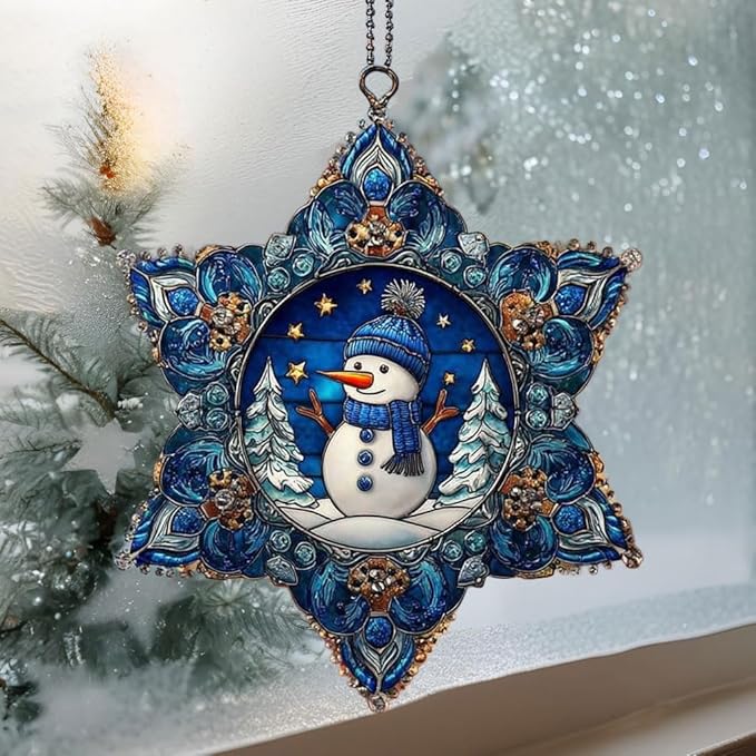 Cute Snowman Giving Presents Mosaic Snowflake Acrylic Suncatcher Stained Glass Effect Window Car Hanging Christmas Ornament Indoor Outdoor Decor Garden Sun Catcher Panel for Women Mom Grandma