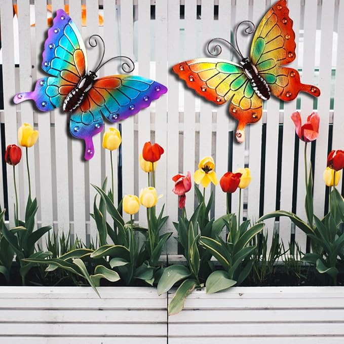 Miyolo 2 Pcs Metal Butterflies Fence Yard Art Garden Decor, 11" Large Butterfly for Outdoor Patio Backyard Balcony Sculpture, Colorful