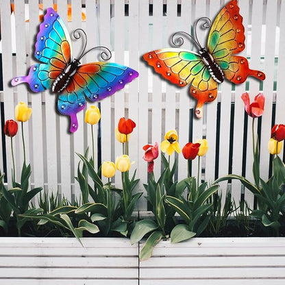 Miyolo 2 Pcs Metal Butterflies Fence Yard Art Garden Decor, 11" Large Butterfly for Outdoor Patio Backyard Balcony Sculpture, Colorful
