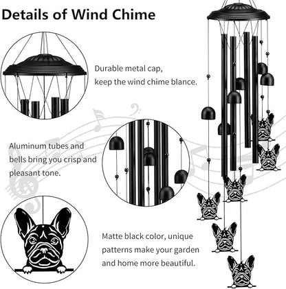 Bulldog Wind Chimes for Outside/Indoors, Bulldog Gifts for Women Mom Grandma, Aluminum Tubes Windchimes S Hook, 37" Wind Chime Hanging Decor for Home Patio Garden Porch Yard (Black-Bulldog)