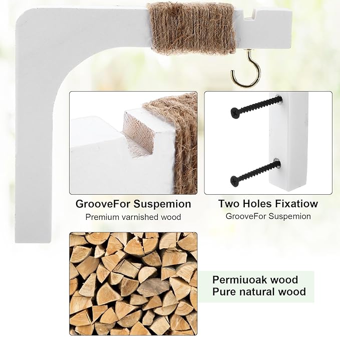 Geelin 4 Pack Wooden Plant Hanger for Wall Mounted Plant Hooks Outdoor Indoor Hanging 6 Inch Farmhouse Hanging Basket Hooks for Garden Home Wall Decoration, L x H x T: 6 x 5 x 0.8inch(White)
