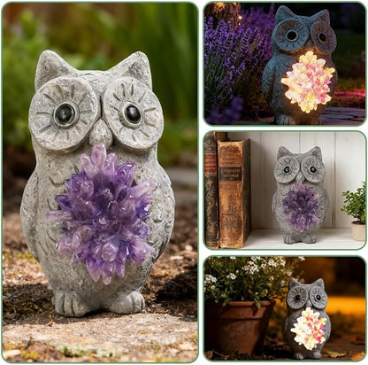 Solar Owl Light Statue Light Resin Figurine with Purple Stone Cluster & Solar Lamp, Indoor Outdoor Amethyst Crystal Home Decor, Spiritual Ornament for Crystal Enthusiasts & Garden Aesthetic Lovers