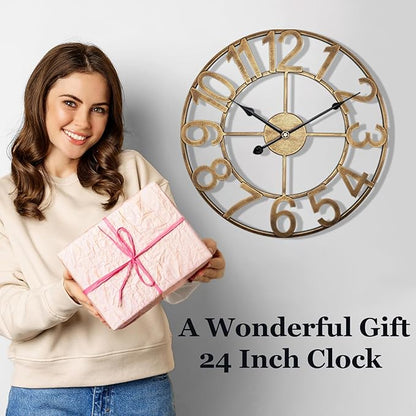 Indoor Outdoor Large Wall Clock，Silent Analog Battery Operated 24 Inch Metal Wall Clock for Patio, Porch, Pool Area, Kitchen, Living Room, Farmhouse Decor - Vintage Gold