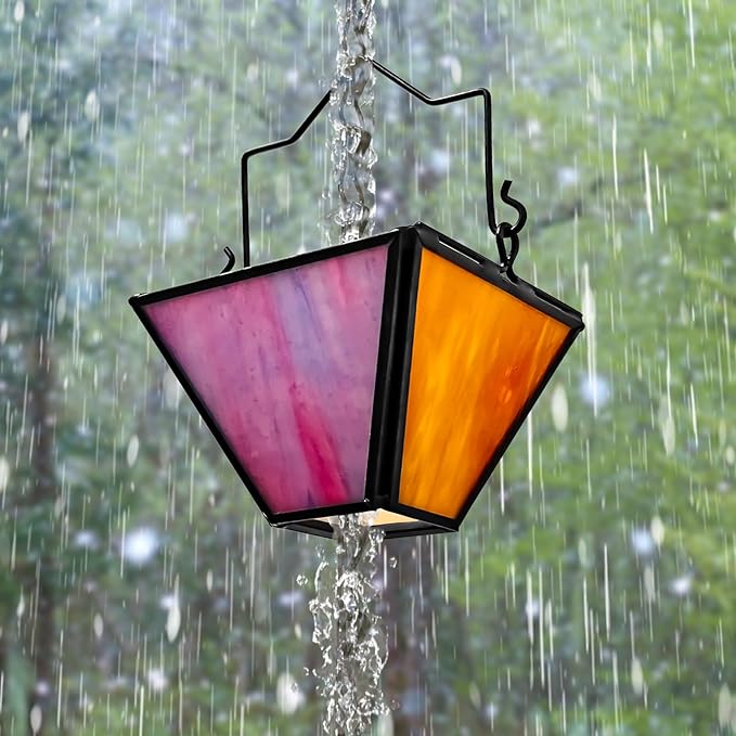 Rain Chain Set 8.5FT,Handmade Pure Copper Inlaid Stained Glass Vintage Style, Rain Chains for Drains to Divert Water & Home Display, Garden Decoration (Mutil col)