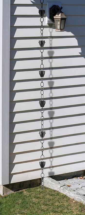 6 Cup Crocus Black Aluminum 8.5 ft. Rain Chain with Gutter Installation Clip by Good Directions