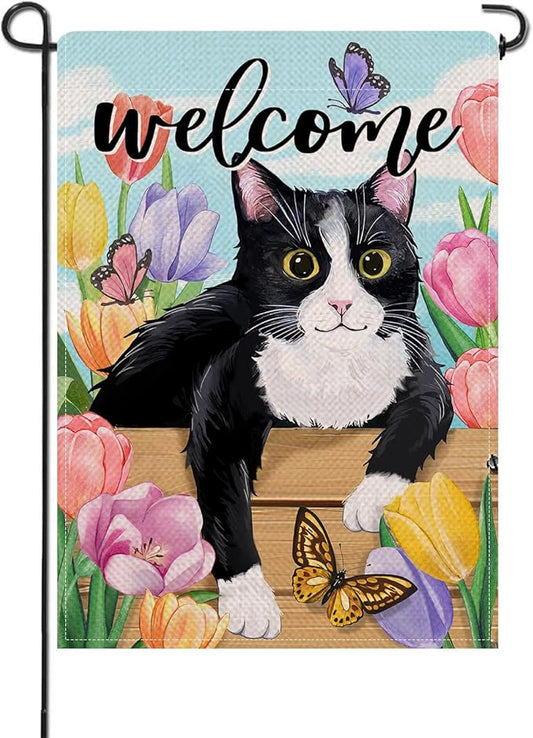 Artofy Welcome Spring Summer Tuxedo Cat Small Decorative Garden Flag, Tulip Flower Butterfly Yard Lawn Outside Decor Pet Lover Gift, Seasonal Floral Burlap Outdoor Home Decoration Double Sided 12 x 18