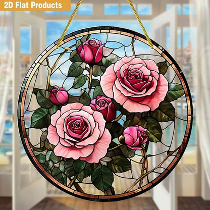 Valentine's Day SunCatcher Ornament for Stained Glass Window Hanging Pink Rose Romantic Valentine's Window Suncatchers Round Garden Ornaments Decor for Wife Women Girlfriend Gift